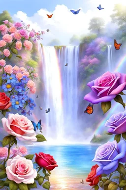 Trés belles roses, rainbows, beautiful colors gardens , flowers, cascades,Birds, butterfly
