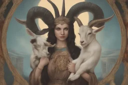 baphomet, attractive woman with head of a goat, holding a human child, mary mother of jesus composition