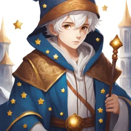 Fantasy World, A boy only wearing a closed wizards robe, and wearing a wizards hat. White Hair. Golden Eyes.