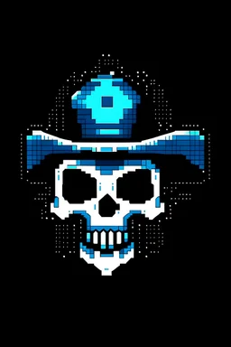 An 8-bit style logo of a skull wearing a pirate hat with a blue glow.