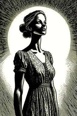 A hauntingly beautiful ink drawing of a woman in a summer dress, her face illuminated by the sun's rays.