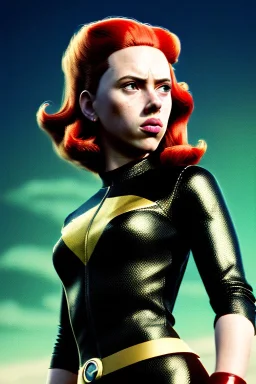 retro portrait image from 1960, sky background, wind, long red hair, fighting stance, sweet young Scarlett Johansson, black dress, classic long tight lycra black suit, gold bracelet and belt, high heel boots, superhero style, soft color, highly detailed, unreal engine 5, ray tracing, RTX, lumen lighting, ultra detail, volumetric lighting, 3d, finely drawn, high definition, high resolution.