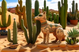 A tan sandy desert with cactuses designed in Oaxacan alebrijes painted by Leonardo da Vinci