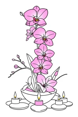 outline art for visually rich appealing tall ikebana heart orchids plumeria spa rounded stones around candles, coloring page for kids, white background, fit to page, only use outline, clean line art, no shadows, clear and well outlined
