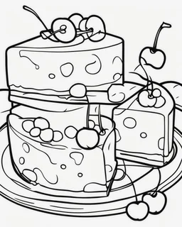 Coloring book, cartoon drawing, clean black and white, single line, white background, cute large cherry cheese cake slice