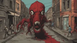 Creatures from 'Fiend without a face' chasing a woman down a street, detailed design, deep colour