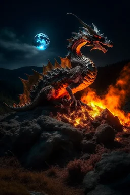 Whole dragon made of fire on a rocky landscpe with a full moon