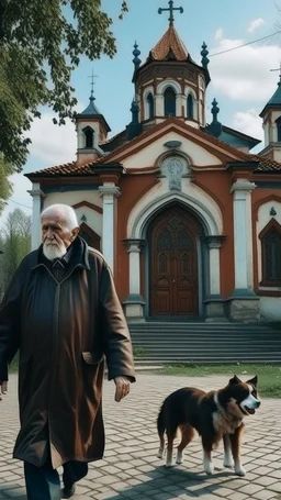 An old man hooded with humpback and his old dog are walking by the church