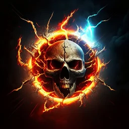 fiery fiery skull inside an ellipse and with lightning around it