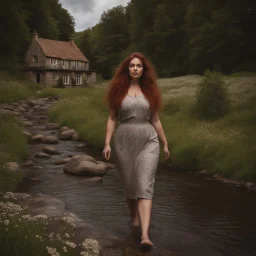 full body shot of a very beautiful lady curvy hair, walks in the country side with a narrow river with clean water and nice rocks on floor. The trees and wild flowers pretty country houses ,nice cloudy sky.