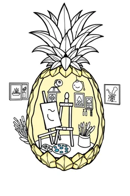 Pineapple Cozy Art Studio Coloring Page: A pineapple cross-section displaying an art studio. Features an easel, paint palettes, brushes, and artworks hung on the walls.