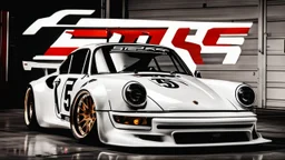 Super Sport car, white color, shinning on paint, racing wheels, spoiler, body kit racing, number five, 3/4 front view picture angle, big wheels, dark old garage background, porsche racing influence