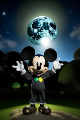 Mickey Mouse with a Supernova above the hand of an Earth person in a developed public park