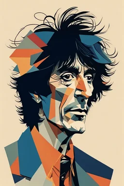 a highly detailed, abstract flat geometric 3/4 profile portrait illustration of Ronnie Wood in the minimalist style of Willi Baumeister, Federico Babina and Petros Afshar, sharply detailed and finely lined, in vibrant natural colors