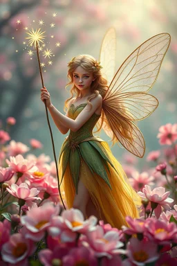 A hyper-realistic,A fairy with a wand of twinkling stars, surrounded by a sea of vibrant blooms in a dreamlike fantasy world., Photo Real, HOF, full size, practicality,manufacturability,performance, (((realism, realistic, realphoto, photography, portrait, realistic, elegant, charming, apocalyptic environment, professional photographer, captured with professional DSLR camera, trending on Artstation, 64k, ultra detailed, ultra accurate detailed, bokeh lighting, surrealism, Thomas Kinkade backgroun