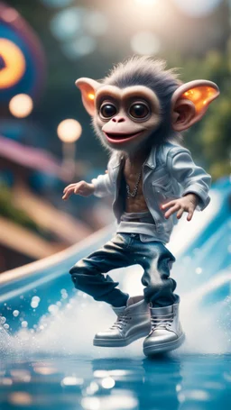 magazine cover, twisted rock star alien gremlin monkey rapper crew with silver boots as a pimp rushing down heavens water slide,bokeh like f/0.8, tilt-shift lens 8k, high detail, smooth render, down-light, unreal engine, prize winning