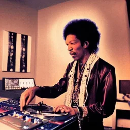 portrait of Jimi Hendrix at a turntable with headphones on being a DJ, cigarette in mouth