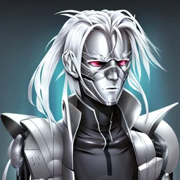 silver skinned anime Dragman cyberpunk with dragon mask in his eyes