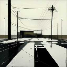 Minimal contemporary abstract oil paintings of desolate 1960s carpark with road markings and concrete fragments. Lone figure. Overlay with grungy typography graphics. style of Justin Mortimer and Francis Bacon.