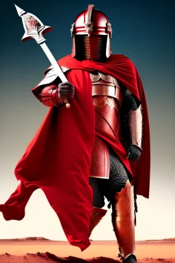 Planet Mars portrayed as a menacing man wearing Roman-like armour, a red cape, and a roman helmet that covers his face entirely, he is armed with a spear and a spartan shield, his armour is covered with battle marks