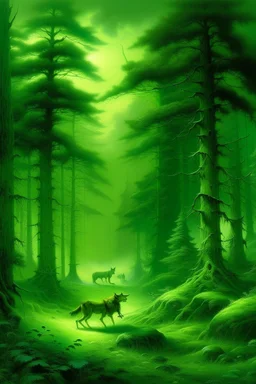 A green viny forest with wolves painted by Ivan Aivazovsky
