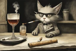 childrens book illustration, macskássy izolda, a frightened looking black and white cat with a cigarette in his mouth, a glass of whiskey in his hand, looking just at us in a smoky pub, van eyck, painted on rough canvas with exaggerated lines, sharp brushstrokes, dripping, plastic paint watercolor and ink, oil on canvas jean baptiste monge