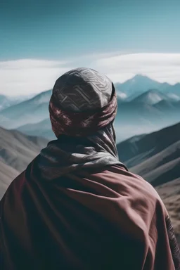 photo with a man distant from the camera with his face covered by a scarf wrapped around his head with space mountains in the background