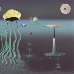 sureal landscape in microcosm with planktonic creatures by yves tanguy and dr seuss