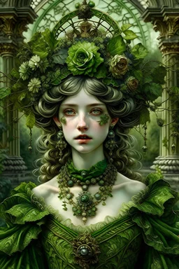 Beautiful young faced baroque lady, adorned with moss covered baroque floral headdress ribbed with miniature green gems and baroque buildings, wearing baroque style costume floral. Ornate and beautiful baroque jewellry organic bio spinal ribbed detail of baroque abandoned moss covered garden background art nouveau floral extremely detailed hyperrealistic maximálist concept art