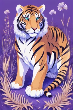 A tiger from ancient times. Decorated with solid bones resembling a blue tattoo. It is located on a field of purple patterned grass. Space white. Minute detail, high quality