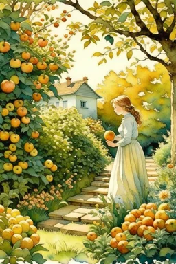 illustration style. Anne Shirley passed through the flowers and the pungent fragrance of the orchard in the evening air and reached the steps of the front door.