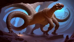 photorealistic strange paleozoic hydra 3-foot "dimensional portal made of subatomic particles" in a gigantic Neanderthal jeweled palace hyeroglyphs on the walls, thunderbolt storm