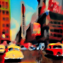 Picture 1950's street life, people, New York, very blurry, abstractism, colours, strong texture, 3d, chaotic