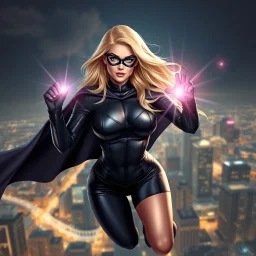 super pretty woman, blonde long haired, big bubs, good body, dressed with a mini black suit super hero, cape, shining eyes and plasma light on hands flying over the city