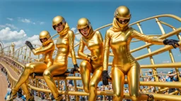 Hyperrealistisch Rollergirls völlig verhüllt von golden glänzendem Ganzkörper-Zentai mit geschlossenem Visier in identischen goldfarbenen, geschlossenen Helmen fahren auf Rollschuhbahn in Formation mit Rollschuhen eine Kurve entlang