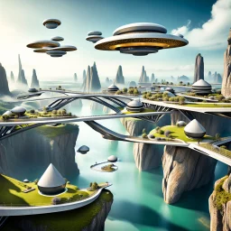 Architecture in the Future, Landscape, with crazy houses on flying Stones connected by suspencion bridges