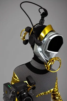 Metallic Cyber-punk style man with camera-mask and old AKG-style headphones with golden rings. Fencing mask covers man's cheeks. Good body shape. Reflective plastic. Body and head full of integrated old-fashioned cameras. Ancient silver telephone attached to perfect body, trunk. Euclidean 3D-tiling, Escher tiling, background. Cables from shoulder, connect. Daft Punk, Tron&Matrix movies, black leather jacket, tippet. Cyan latex areas in black leather surfaces body. 1990's. Trypophobia, moth eyes