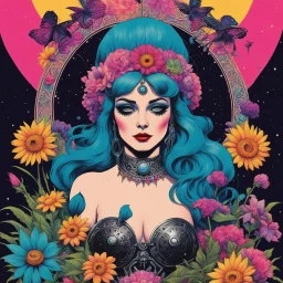 false east, nightmare embrace, pulp sci-fi, retro, dark sci-fi, hippie aesthetic, flower power, trippy colors, tarot, macabre, pin-up girls