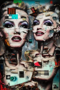 Ultra detailed surrealism medium portrait painting of two woman laughing out loud, they are evil, dark and abstract background,torn up collage of clippings, broken circuitry background, matrix effects, punk visual art, punk art aesthetic, graffiti art, pop surrealism, collage art, cluttered paint glitches