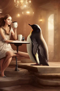 young woman talk to a penguin in coffee-shop