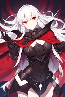 Vampire knight, long white hair, black full plate armor, red cape, cyan eyes