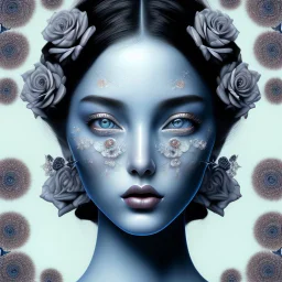 A detailed high quality surreal painting of a delicate, shimmering single blue animorphic rose woman, a small pretty face in its petals, two eyes, pouting lips, delictae nose, background is a blurred black and white hypnotic pattern, very mod, 1960s inspired art, psychedelic, highly detailed conceptual art, mixed media collage, dark fantastical atmosphere, fine lines, dali-esc, beautiful and natural, strange art, optical illusion