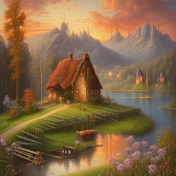 An exquisite oil painting capturing a dreamlike paradise, with a charming little farmhouse nestled by a calm lake. The farmhouse, with its rustic appeal, contrasts against the serene water, surrounded by a lush, verdant forest and rolling hills. The background unfolds into a dramatic landscape, featuring towering mountains and a stunning sunset sky that casts warm, vibrant hues across the scene. The artist's mastery is evident in the seamless blend of traditional oil painting techniques with the