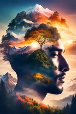 double exposure human-nature, trees, flowers, mountain, sunset, nature mind, expressive creative art, surrealistic concept art, ethereal landscape in a cloud of magic coming out the top of a human head, incredible details, high-quality, flawless composition, masterpiece, highly detailed, photorealistic, 8k sharp focus quality surroundings