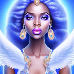 portrait of a beautiful somalian woman with an angel face smiling,long blond hair, blue eyes, pink and blue dress, jewels, soft light aura