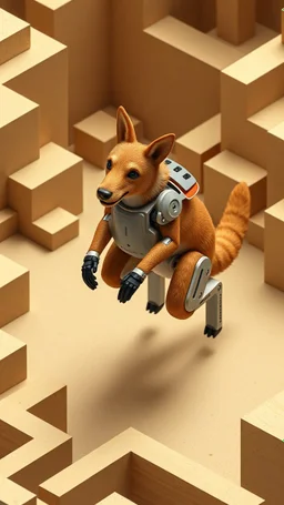 full figure bark dog as a furry kangaroo jump robot in high walled isometric labyrinth