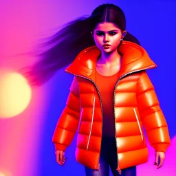 3d render, Selena Gomez toddler, full body, orange puffer jacket, dramatic lighting, volumetric lighting, concert background, hyper realistic, unreal engine 5, 8k, UHD,