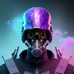 full body apocalyptic purple masked villain in galaxy, teal and purple smoke, detailed, realistic, 4k