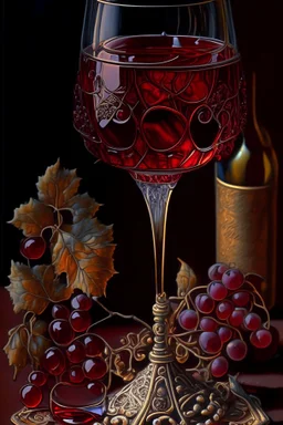 A Still life, a glass of wine, intricate, melted glassprint