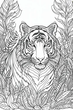 outline art for an Adult coloring page, Tiger with a jungle background, Sketch style, head, only use outline< Mandala style, clean line art, white background, no shadows and clear and well